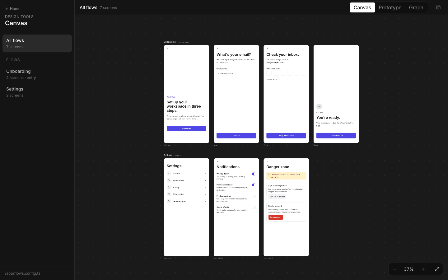 Canvas view of the AI Design Playbook starter showing mobile screens arranged by flow.
