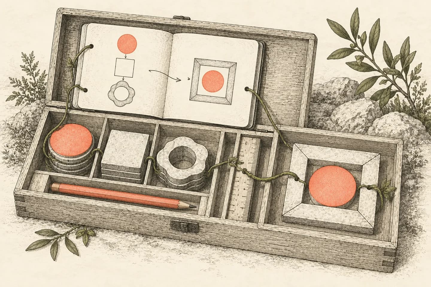 An organized wooden kit holds instructions, a pencil, a ruler and reusable tiles that form a finished frame.