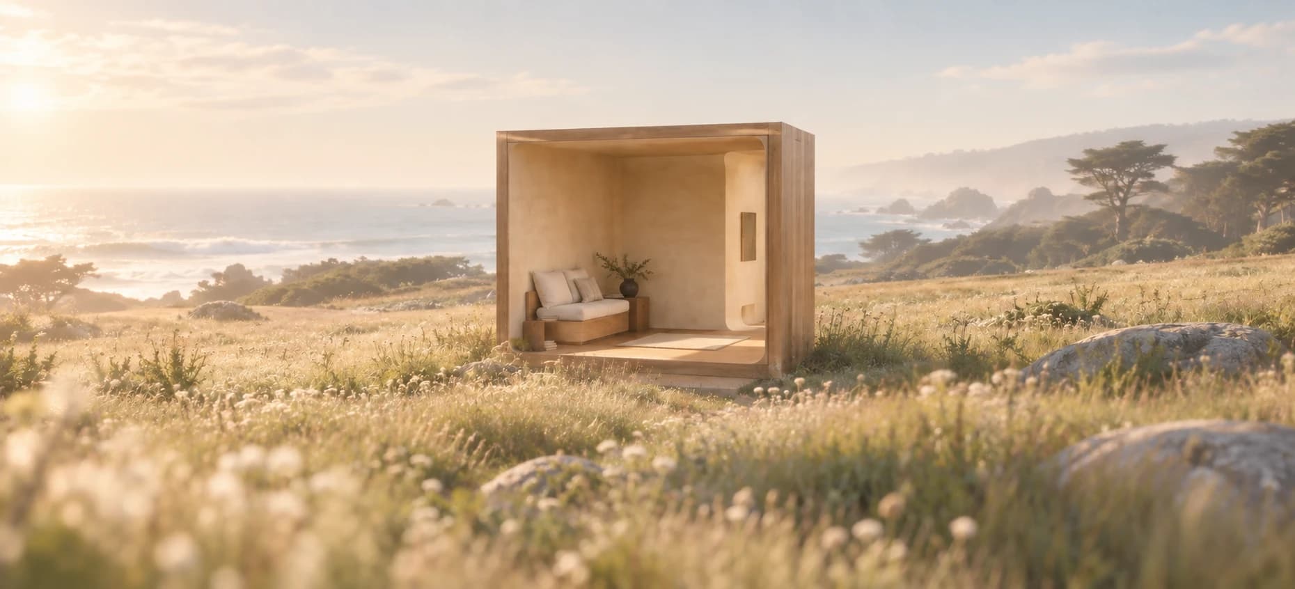 An open oak room with a linen seat in a softly lit coastal meadow overlooking the hazy Pacific