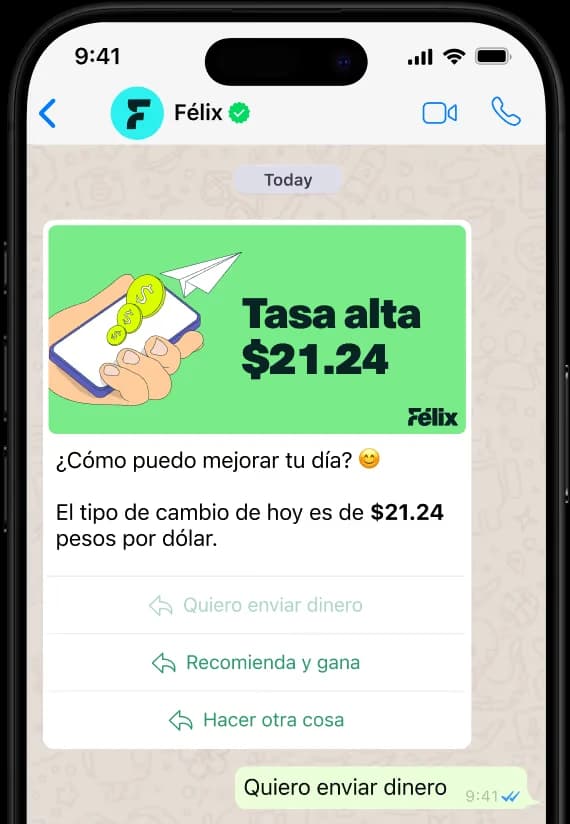 Félix’s money transfer experience in WhatsApp
