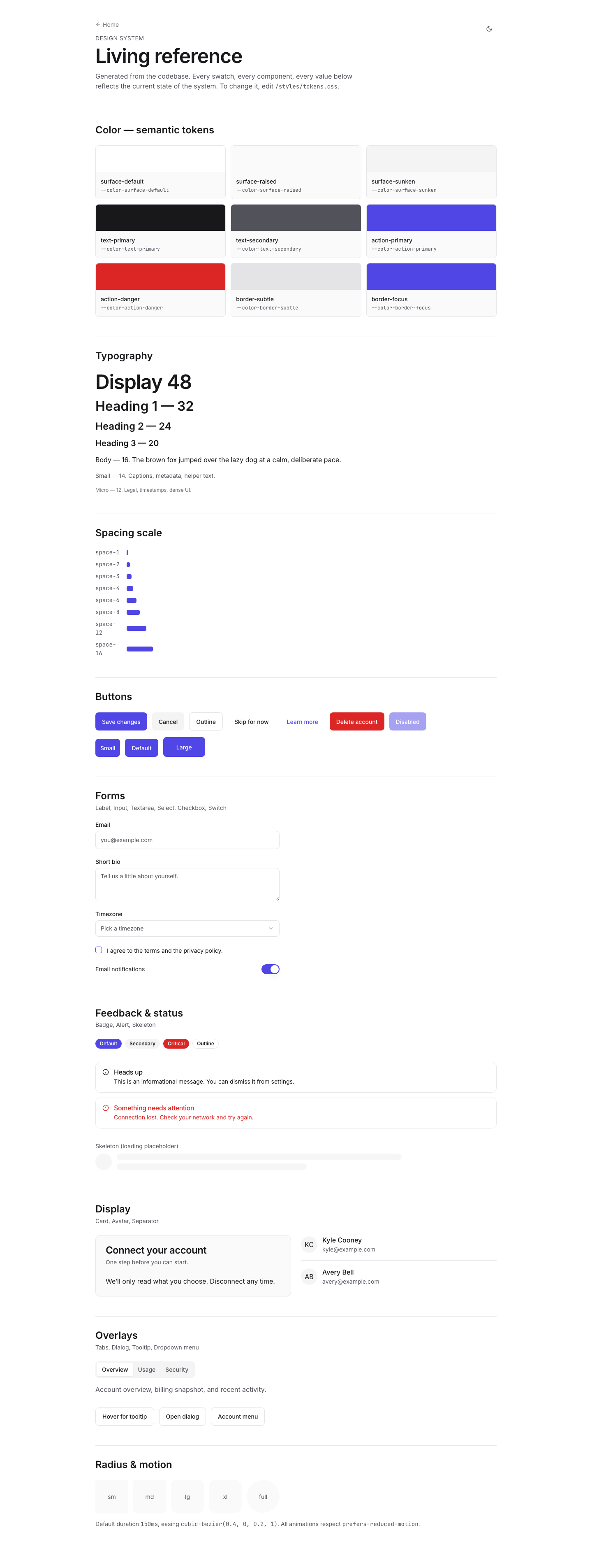 A themed design system style guide page showing color tokens, typography scale, and themed components
