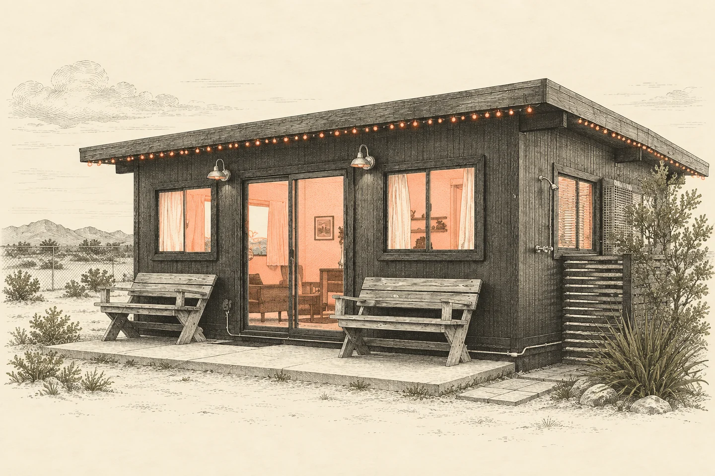 A close etching of Bluegrass Cabin's photographed sliding entrance, paired wooden benches, exterior lamps and roofline string lights.