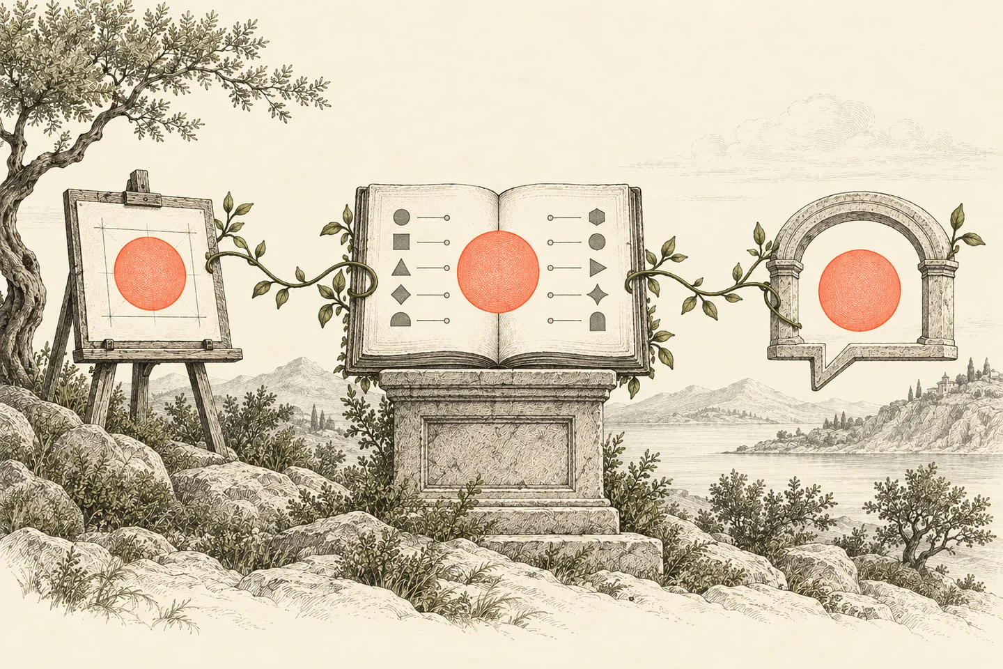 An open folio on a plinth connects to a drafting board and speech frame, each carrying the same coral seal.