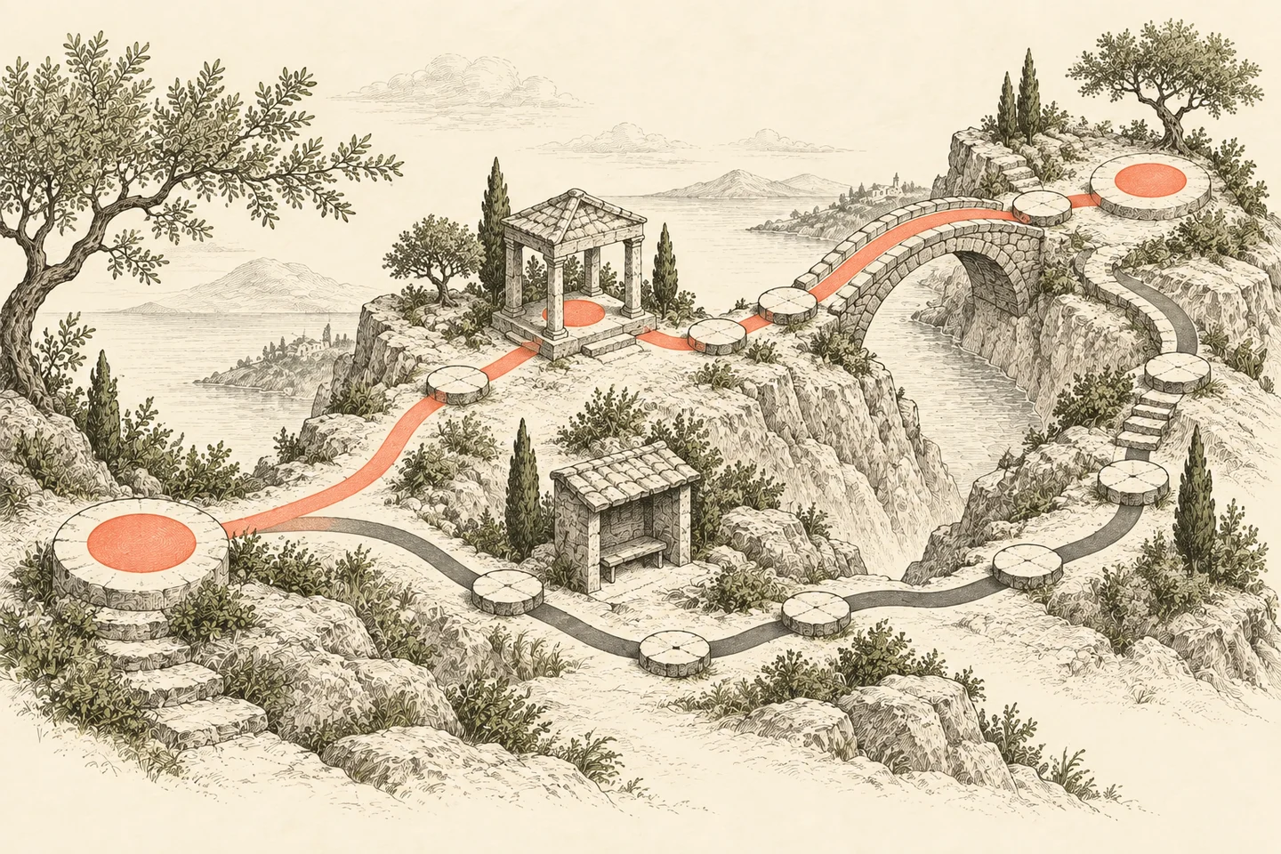 A branching path connects a confirmation pavilion, a waiting shelter and a shared destination across a terraced landscape.