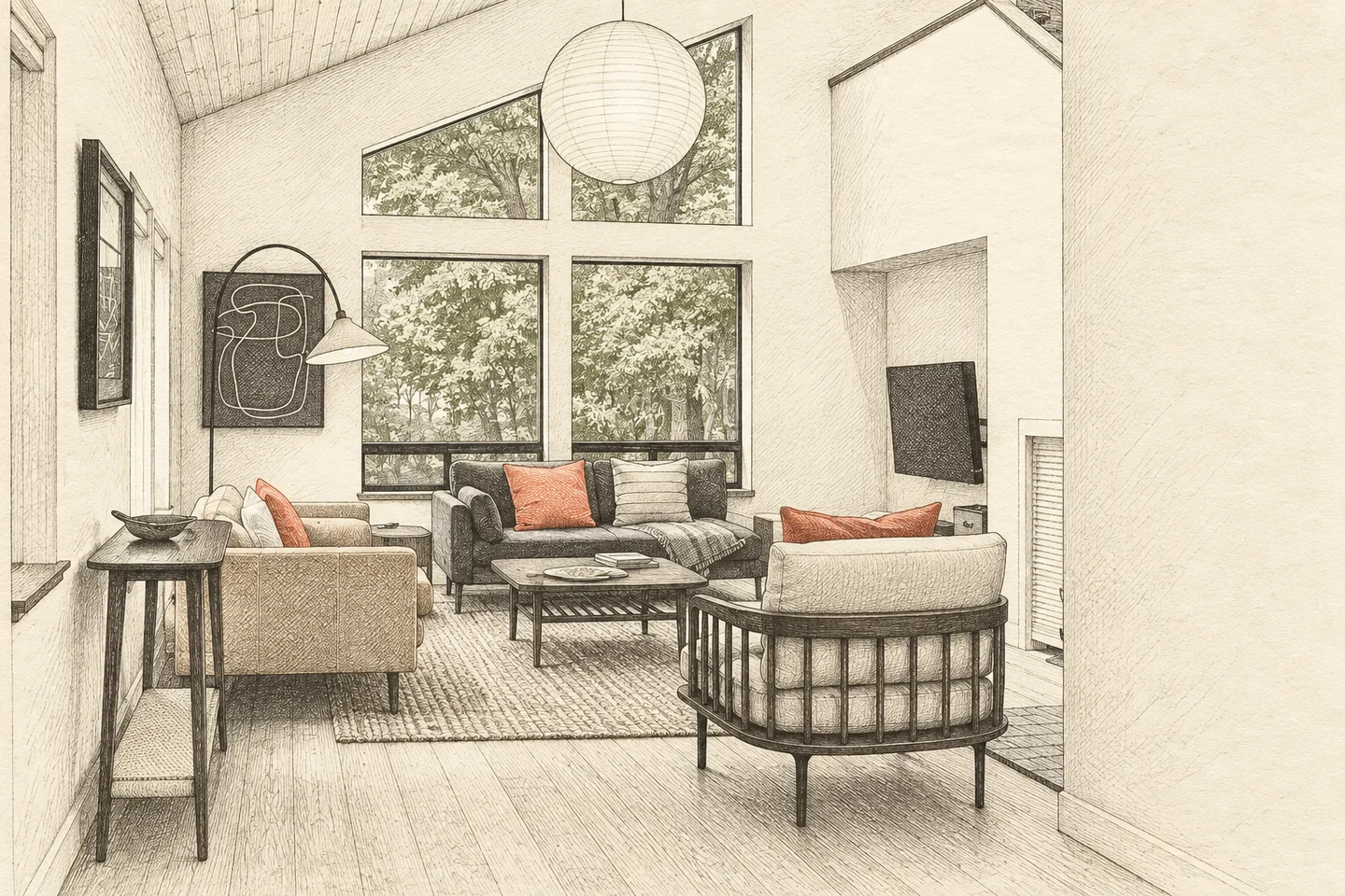 The furnished Sea Ranch living room rendered as an etching from the original photograph, showing the architecture and materials of the finished space.