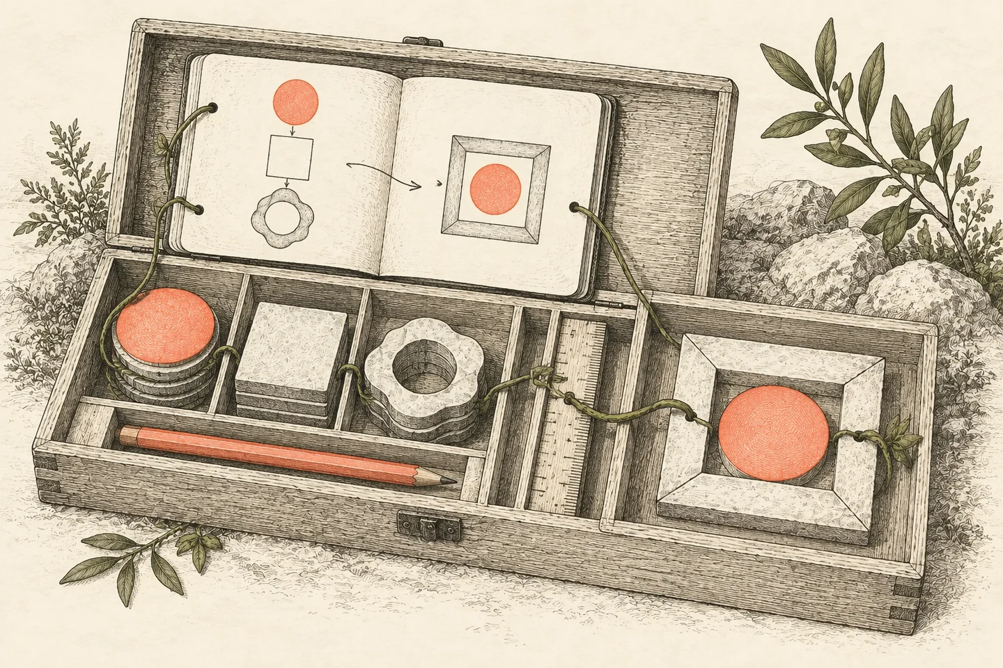 An organized wooden kit holds instructions, a pencil, a ruler and reusable tiles that form a finished frame.